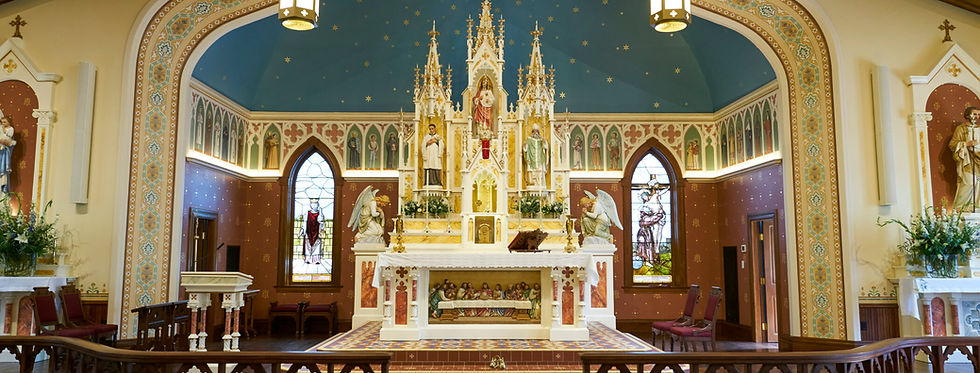 A church with wooden pews and classic lighting